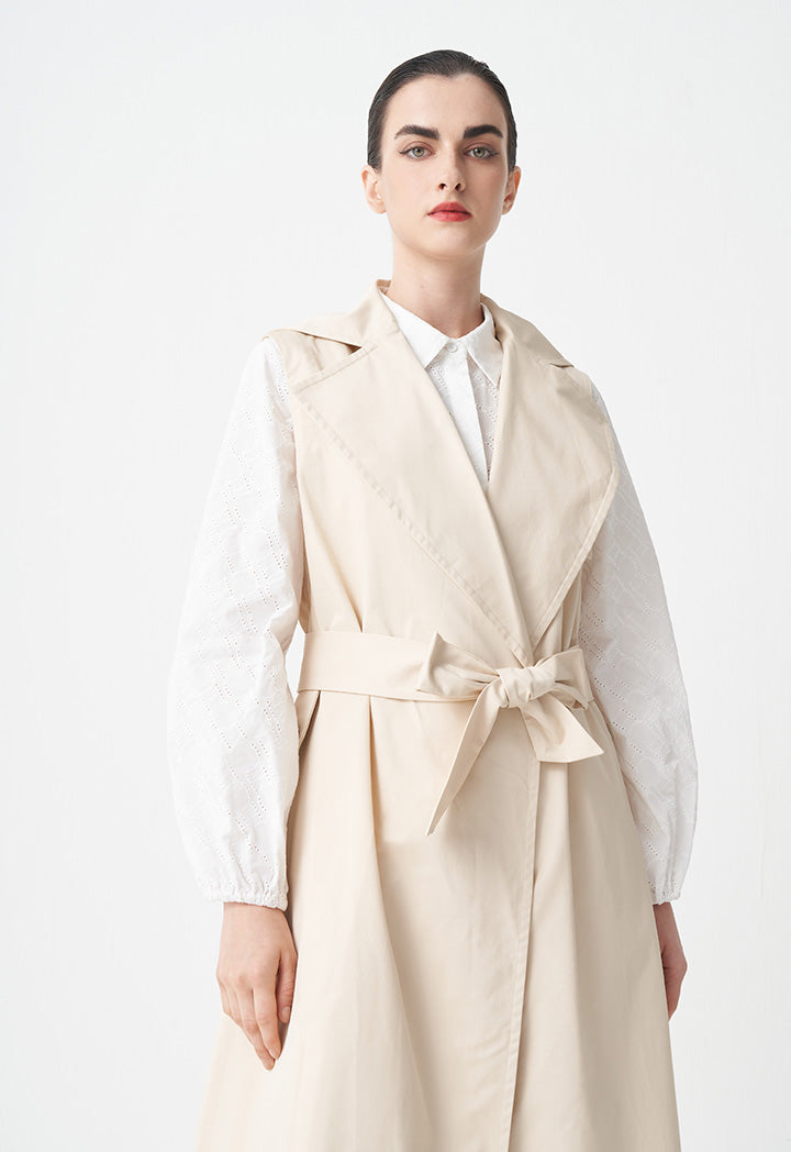 Choice Solid Sleeveless Belted Jacket Beige