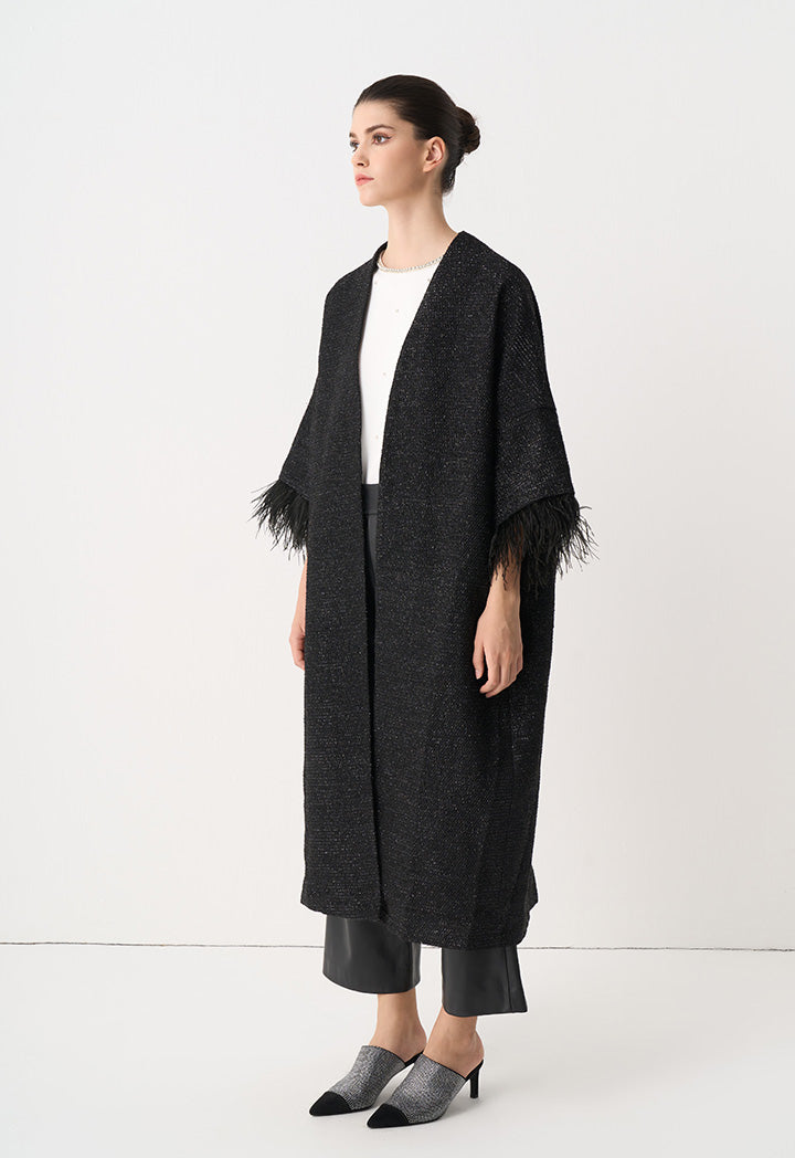 Choice Tweed Lurex Feather Maxi Jacket Black