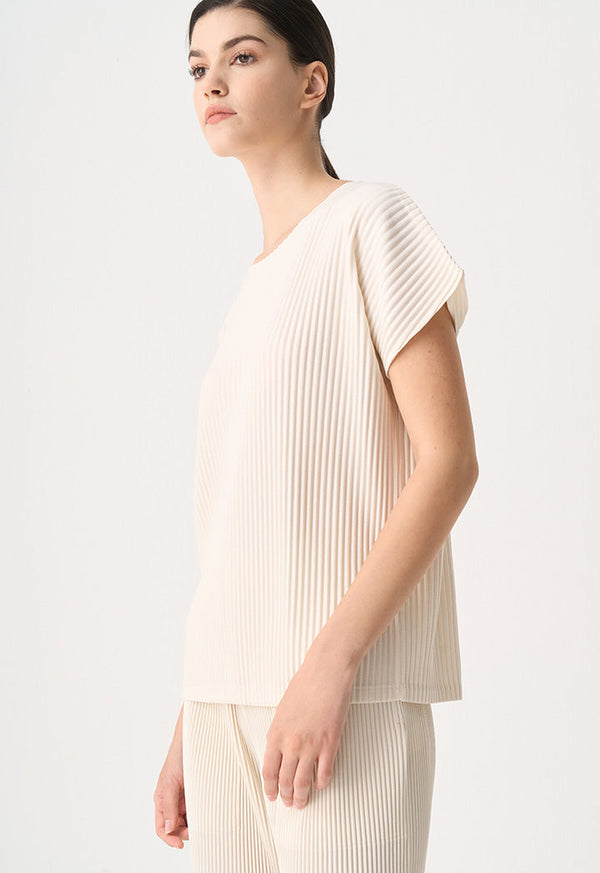 Choice Solid Pleated Cap Sleeves T-Shirt Cream