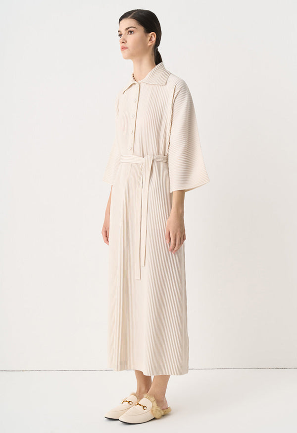 Choice Pleated Belted Oversize Maxi Dress Cream