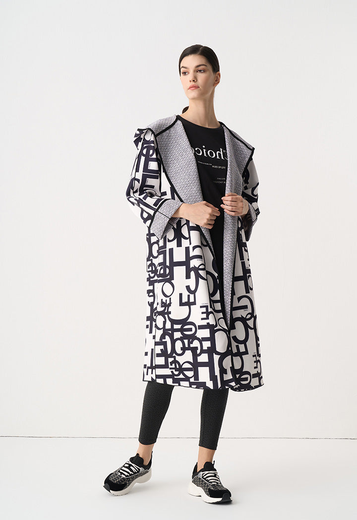 Choice Printed Monogram Belted Midi Coat Black-White