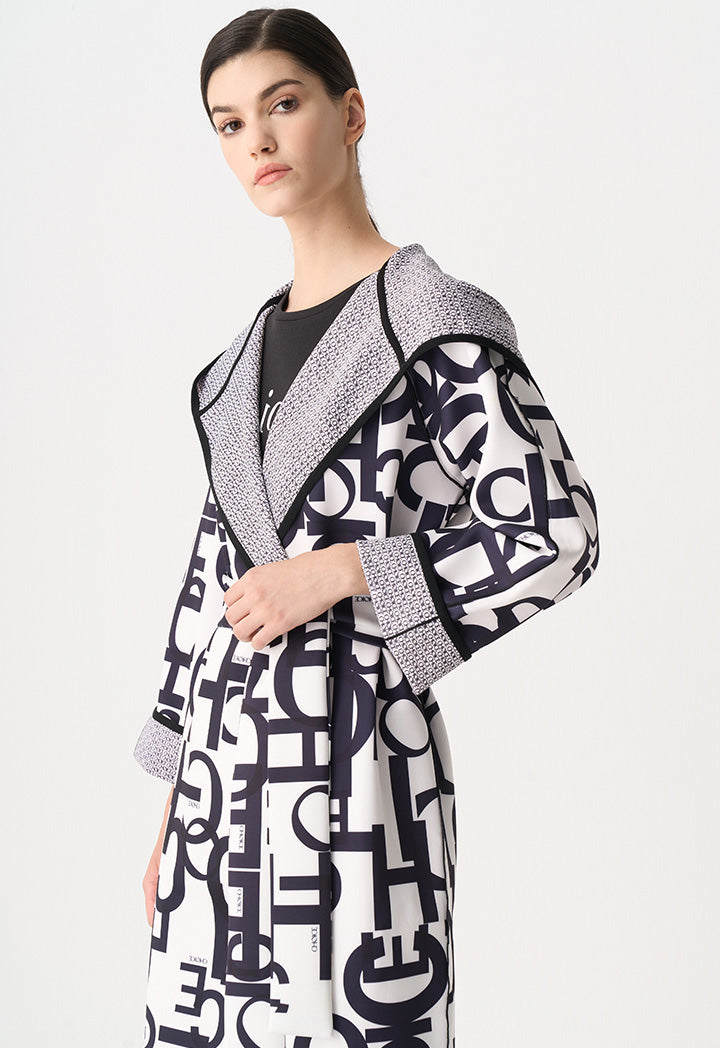 Choice Printed Monogram Belted Midi Coat Black-White