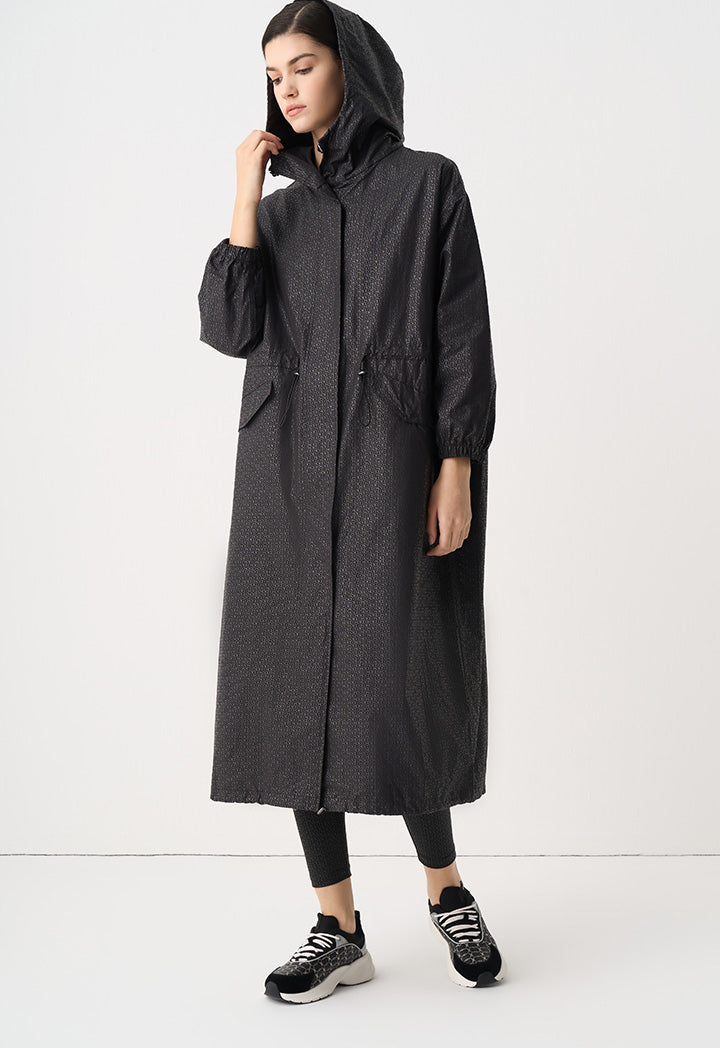 Choice Elasticated Drawstring Monogram Maxi Winter Jacket Black