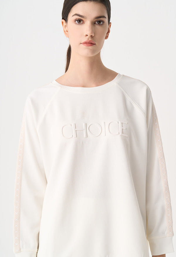 Choice Long Raglan Sleeves Monogram Blouse  Off White