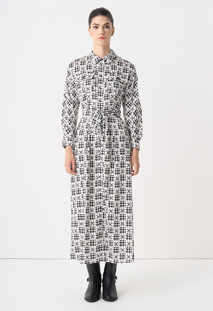 Choice Printed Monogram Belted Maxi Shirt Dress Black-White