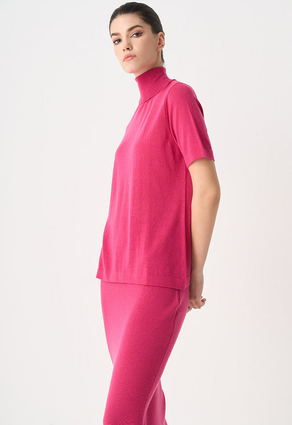 Choice Solid Knitted Short Sleeve Blouse Fuchsia