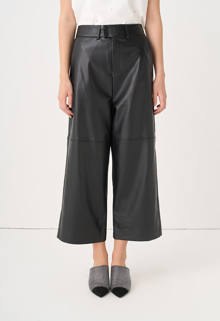 Choice Solid Leather Wide Legs Trousers Black