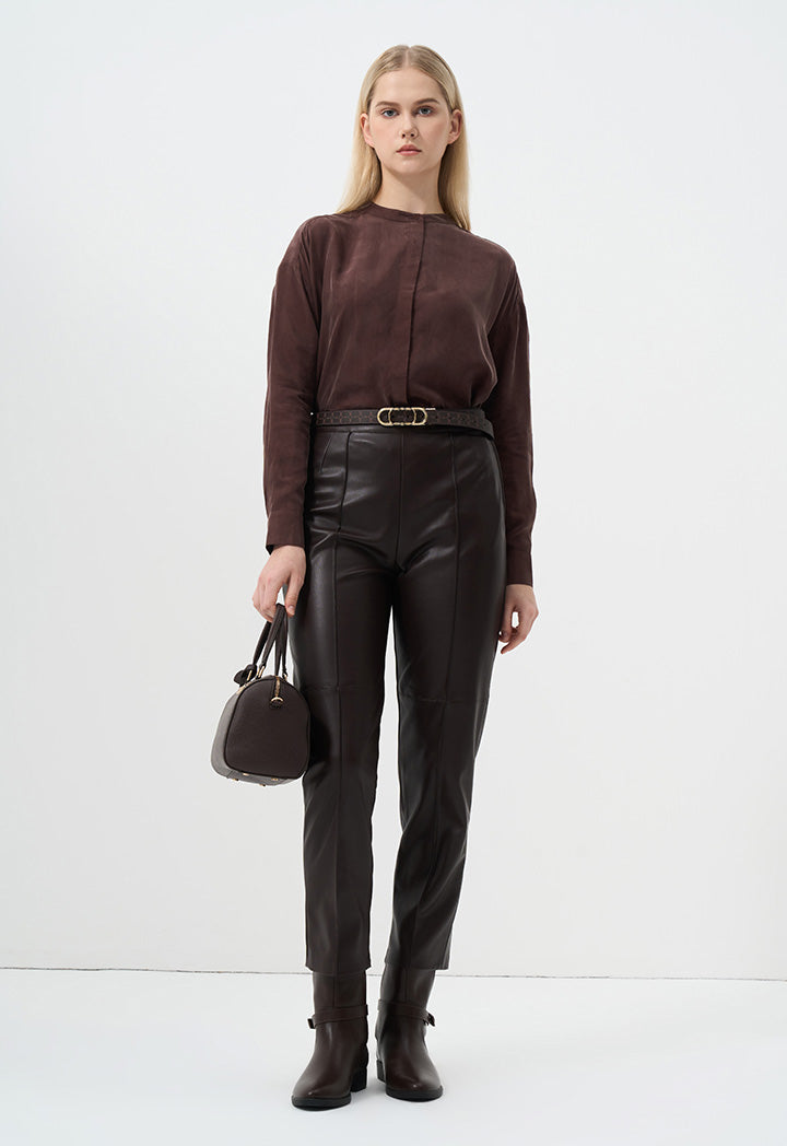 Choice Solid Leather Straight Leg Trousers Brown