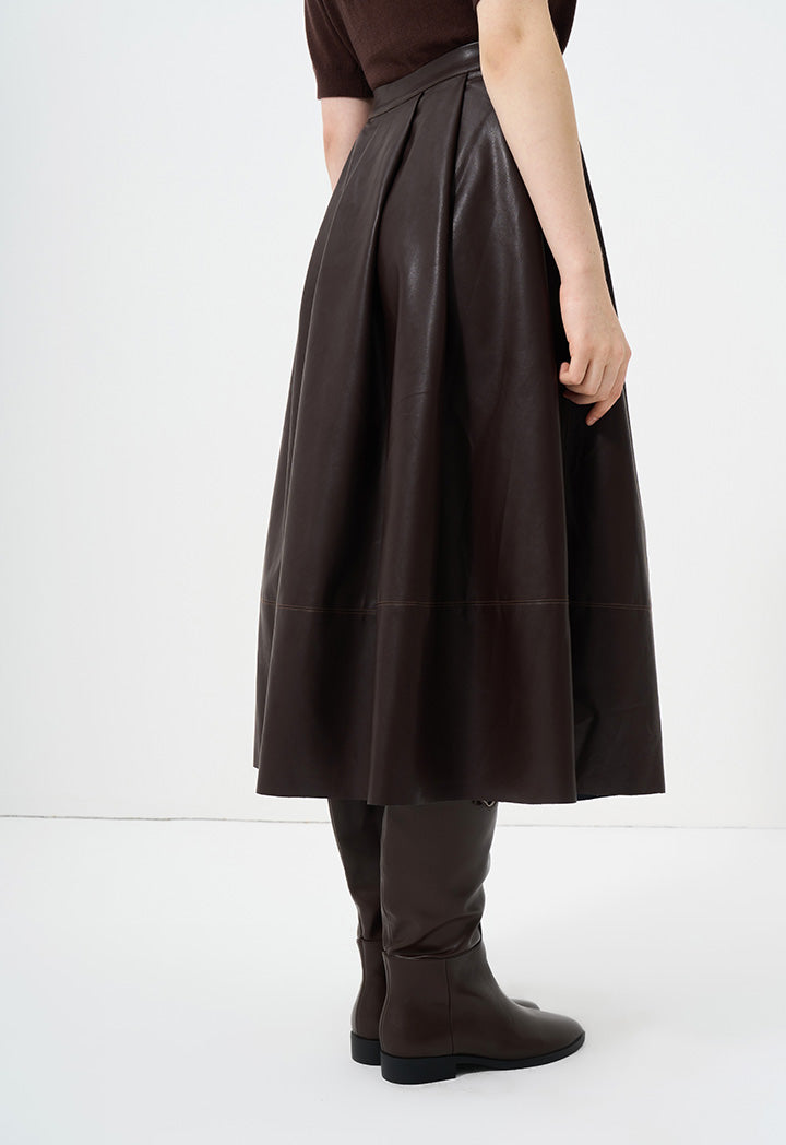 Choice Solid Leather Pleated Skirt Brown