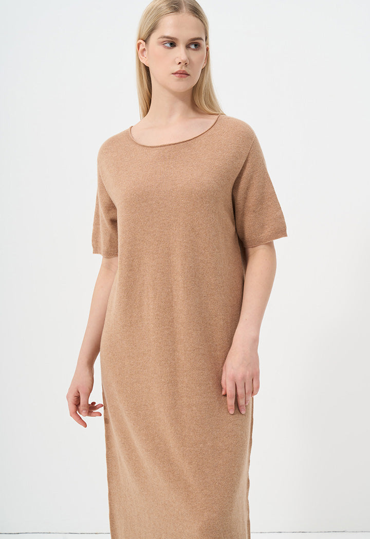 Choice Short Sleeves Knitted Dress Camel