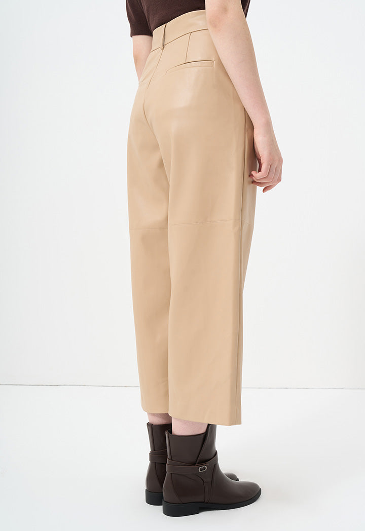 Choice Solid Leather Wide Legs Trousers Beige