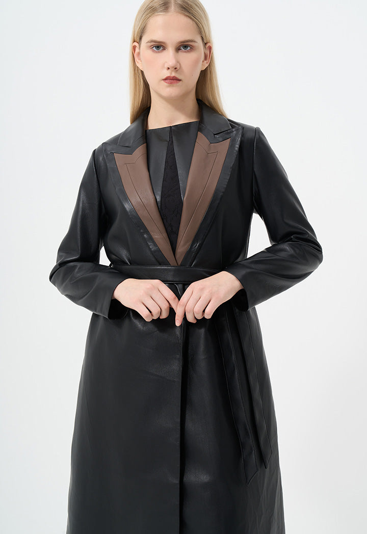 Choice Contrast Leather Double Breasted Belted Coat Black