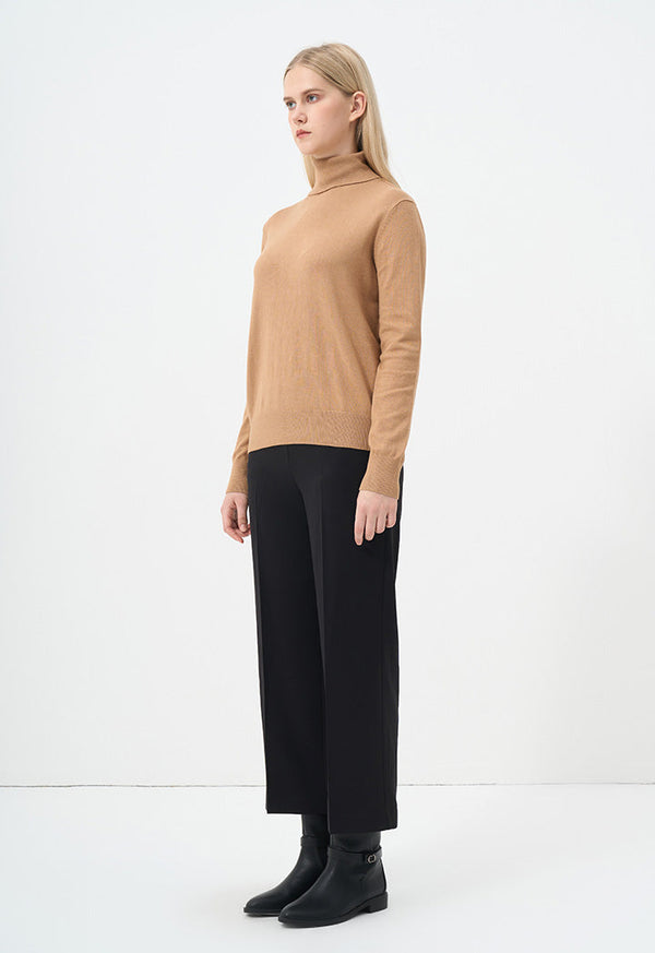 Choice Single Tone High Neck Knitted Top Camel