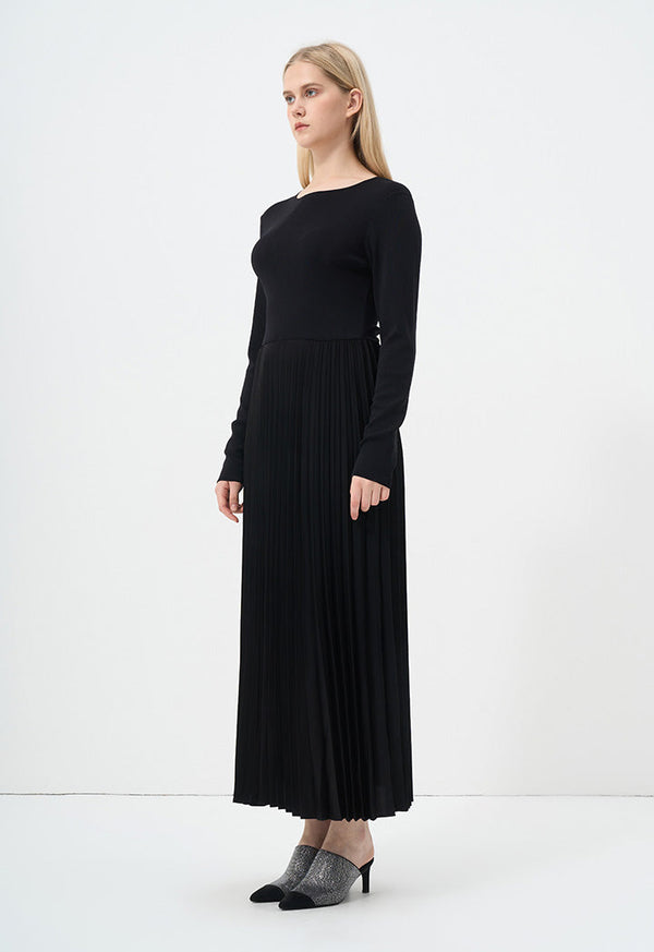 Choice Pleated Solid Long Sleeve Dress Black