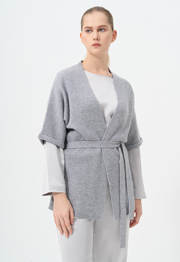 Choice Solid Short Sleeve Knitted Belted Cardigan Grey