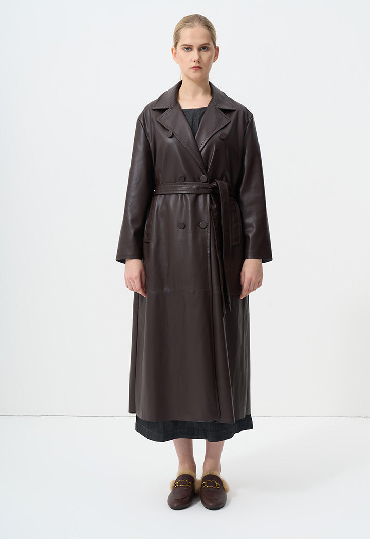 Choice Synthetic Leather Belted Maxi Trench Coat Brown