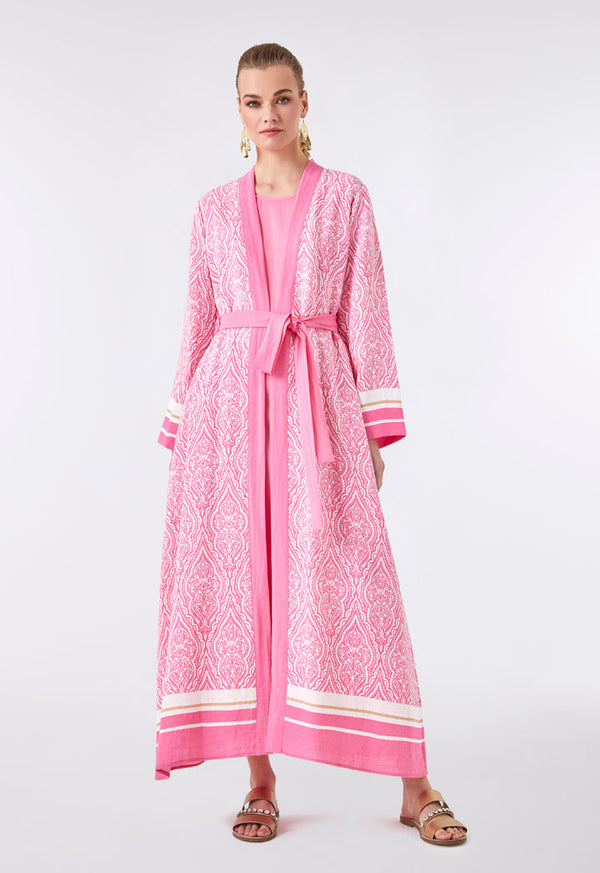 Choice Long Printed Pink Kimono Pink Print - Wardrobe Fashion