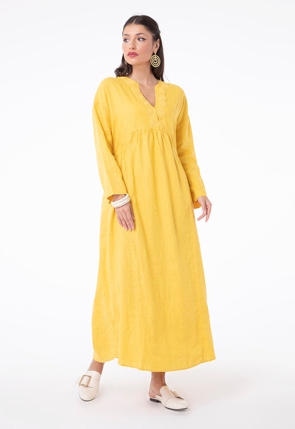 Choice Linen Lace Shirred Waist Dress Yellow