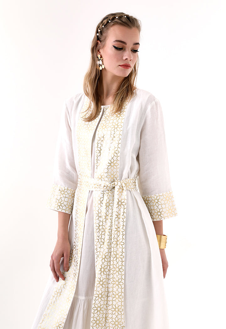 Choice Geometric Gold Print Abaya  Offwhite - Wardrobe Fashion