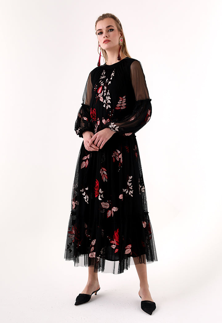 Choice Floral Embroidered Chiffon Dress Black - Wardrobe Fashion