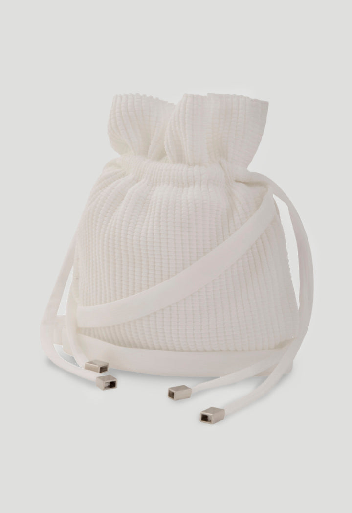 Choice Textured Drawstring Pouch Bag Off White - Wardrobe Fashion