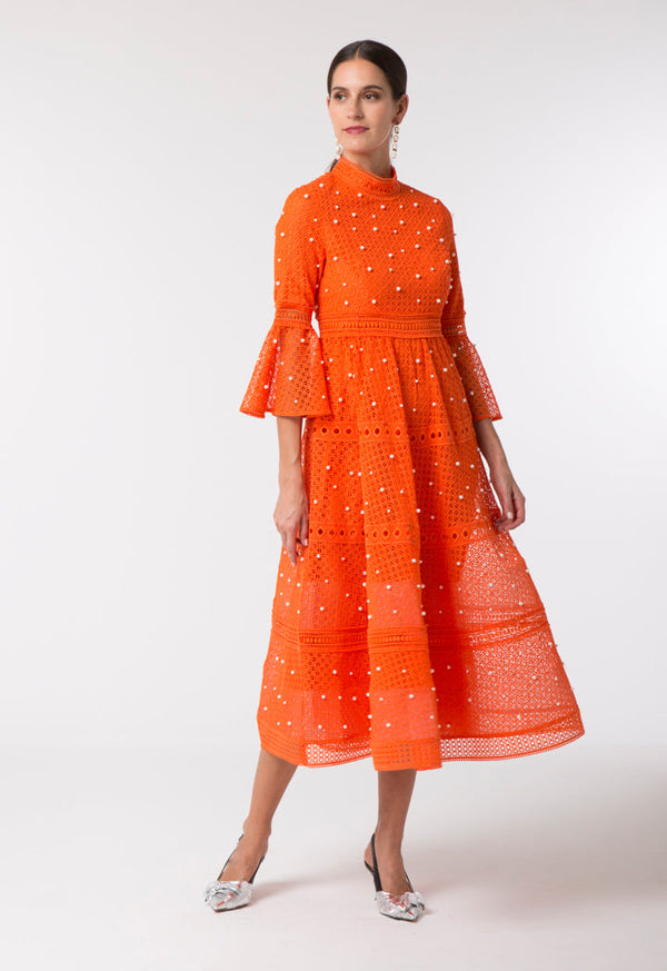 Choice Pearl Studded Schiffli Dress Orange