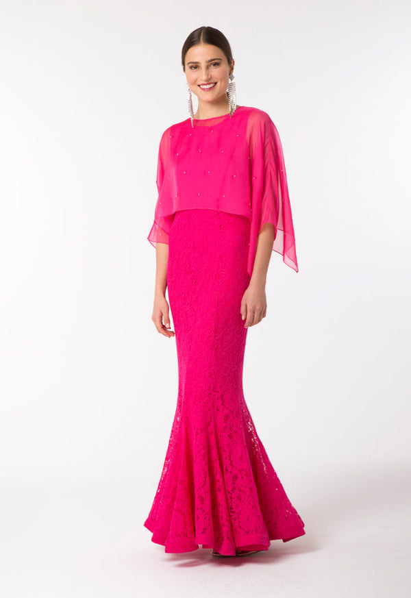 Choice Overlay Chiffon Mermaid Dress Fuchsia