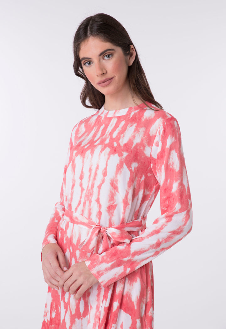 Choice Tie Dye Belted Long Dress Coral-Print - Wardrobe Fashion