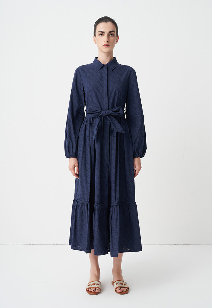 Choice Solid Monogram Belted Shirt Dress Navy