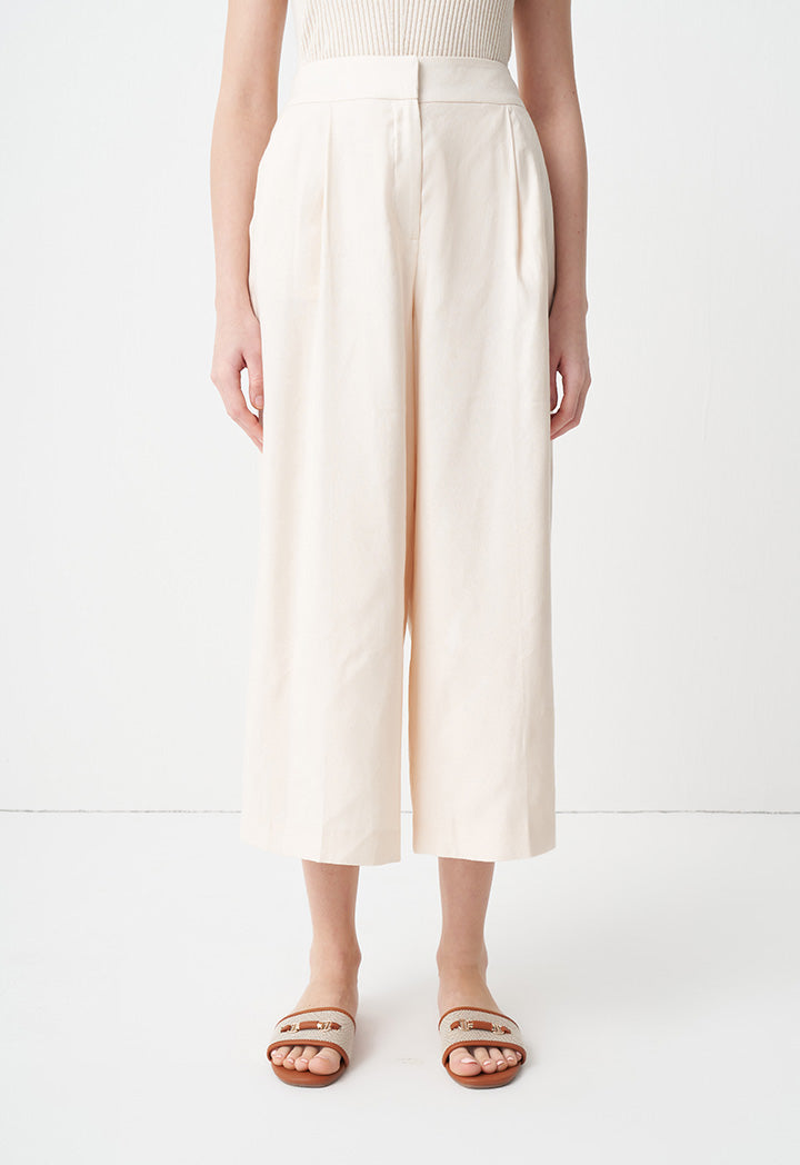 Choice Solid Wide Legs Pleated Culottes Cream