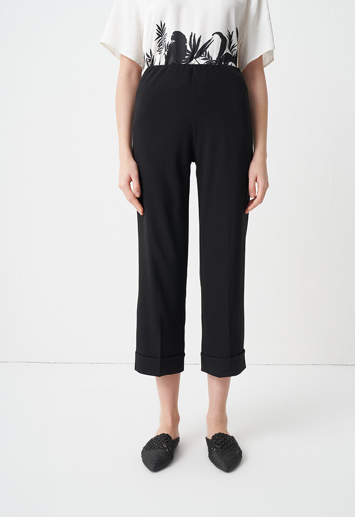 Choice Folded Hem Solid Trousers Black