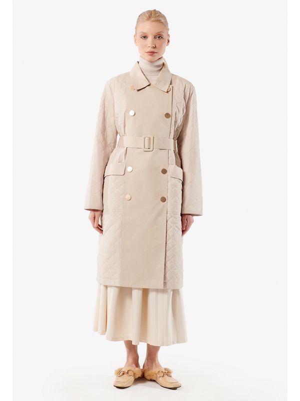 Choice Double Breasted Quilted Midi Coat Beige