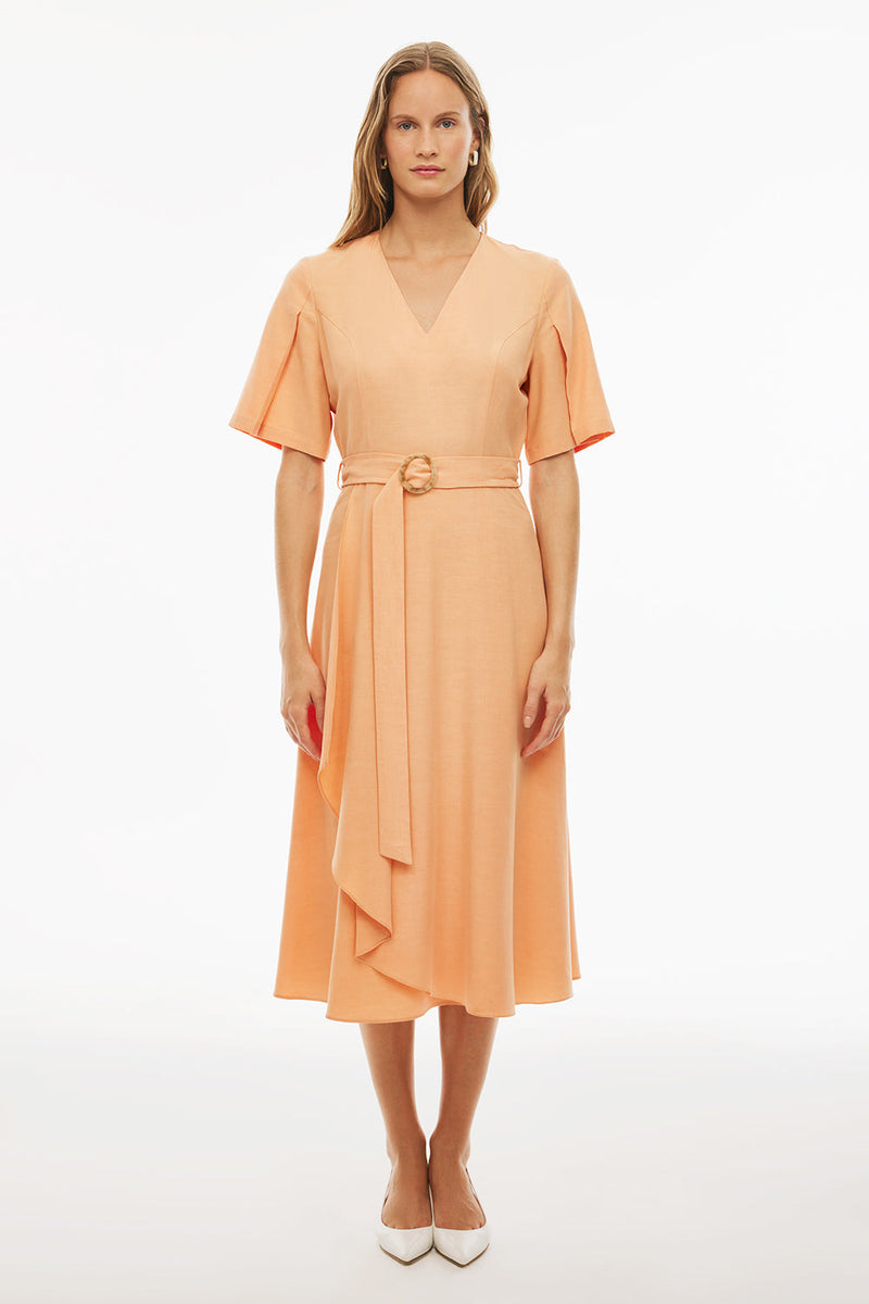 Perspective V-Neck Midi Frill Dress Apricot