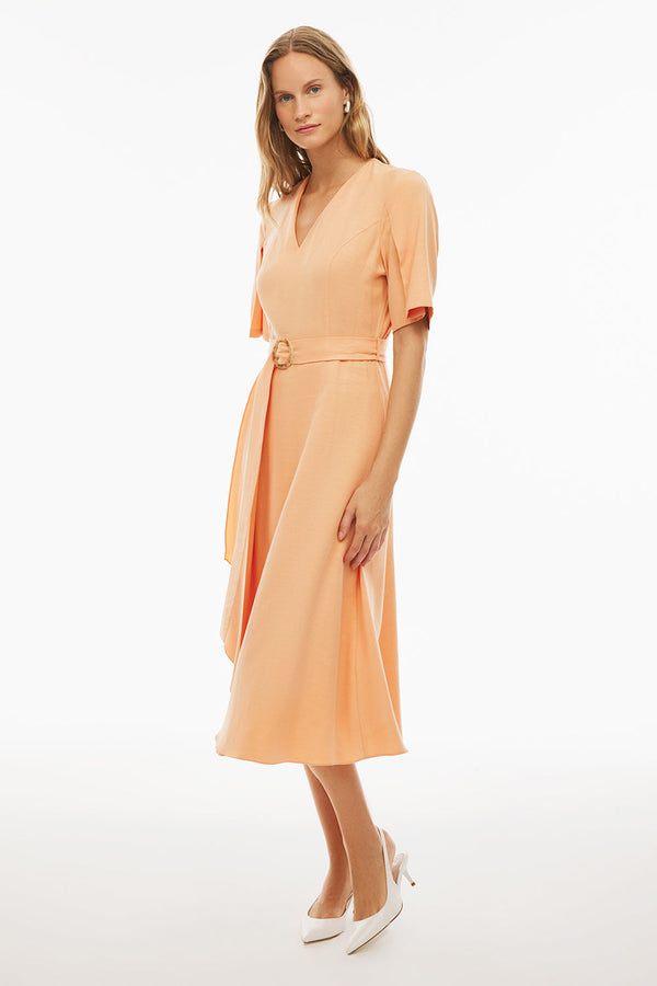 Perspective V-Neck Midi Frill Dress Apricot