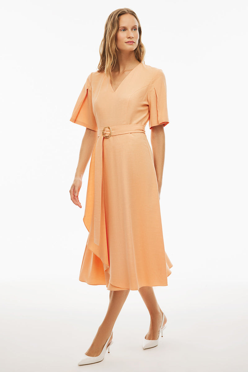 Perspective V-Neck Midi Frill Dress Apricot