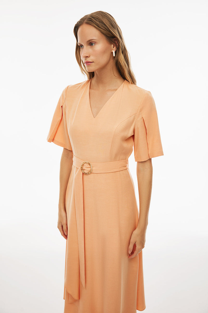 Perspective V-Neck Midi Frill Dress Apricot