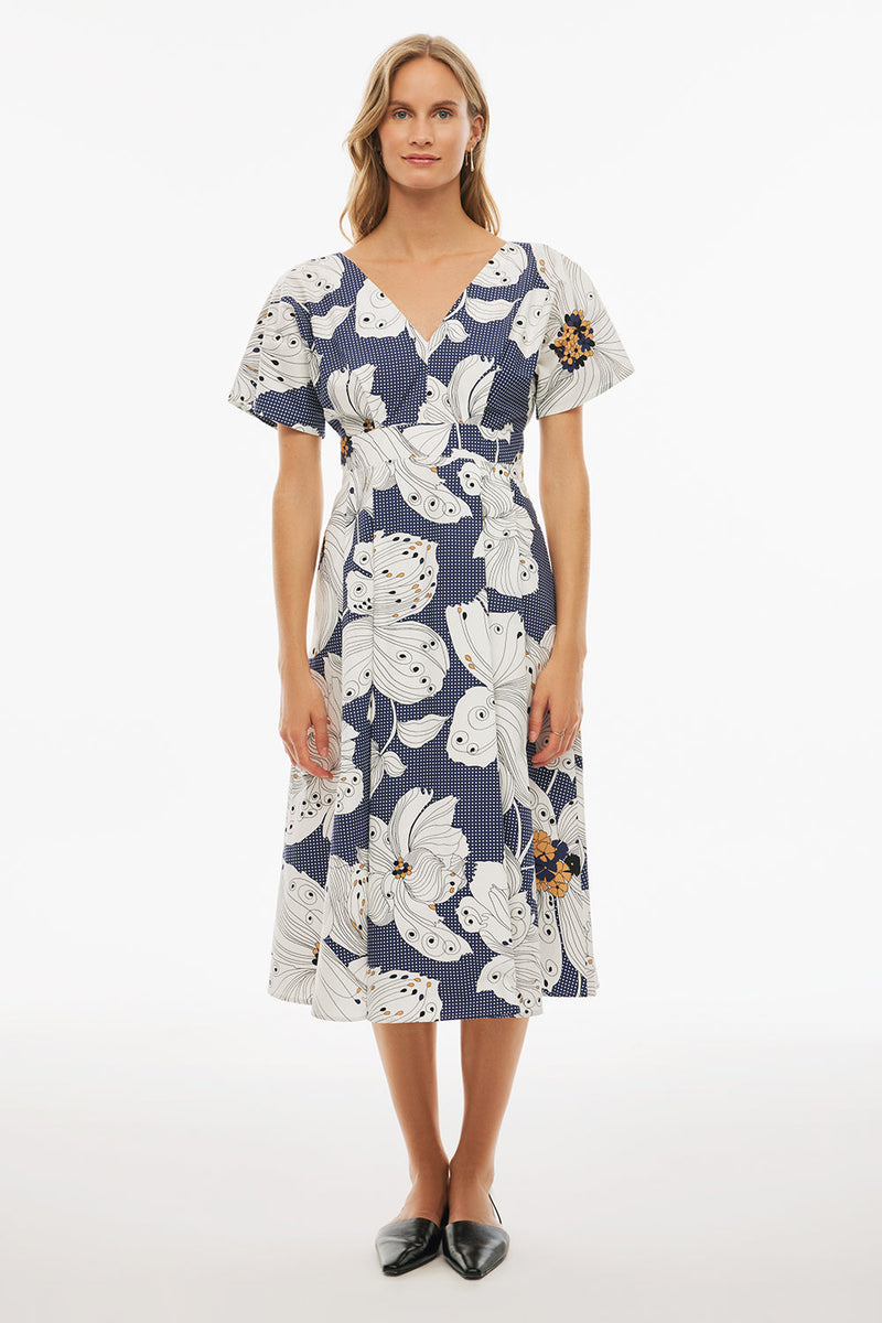 Perspective V-Neck Midi Floral Dress Indigo/White