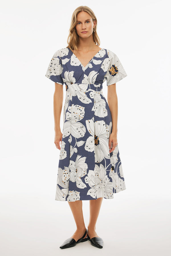 Perspective V-Neck Midi Floral Dress Indigo/White