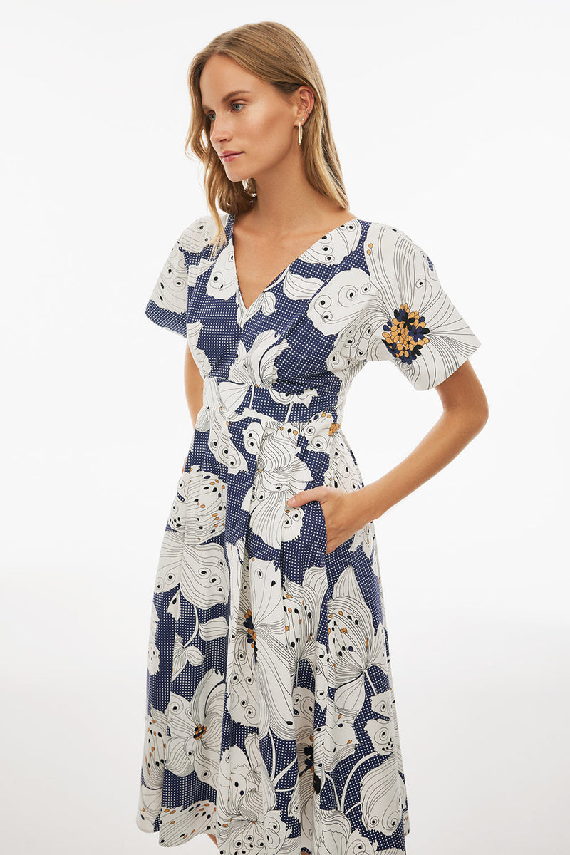 Perspective V-Neck Midi Floral Dress Indigo/White