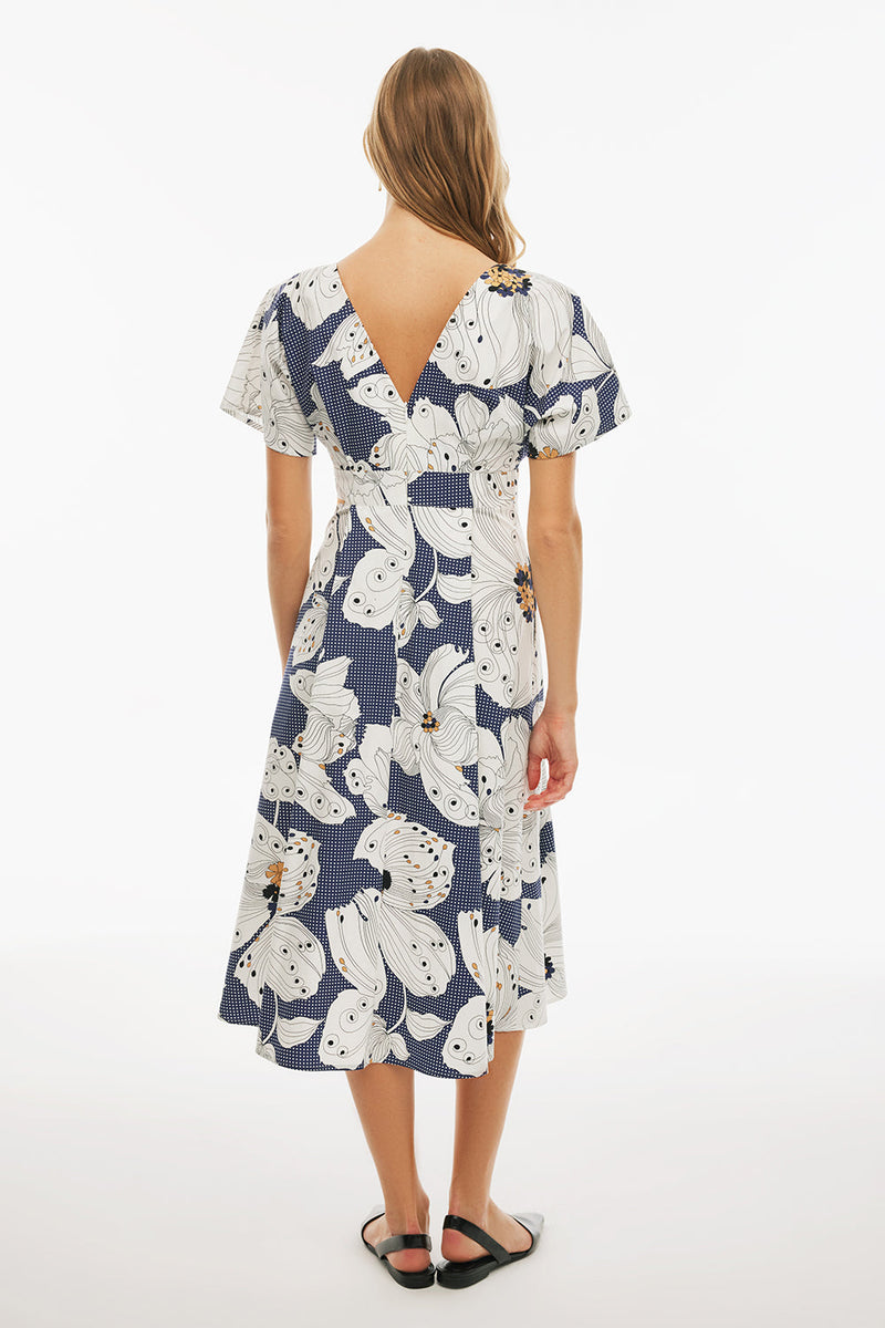 Perspective V-Neck Midi Floral Dress Indigo/White