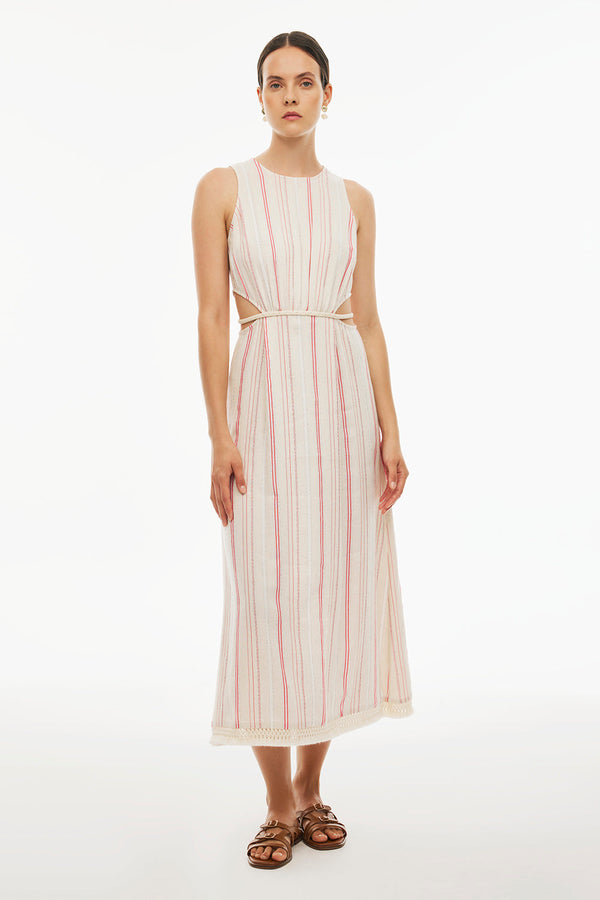 Perspective Round Neck Midi Striped Dress Beige