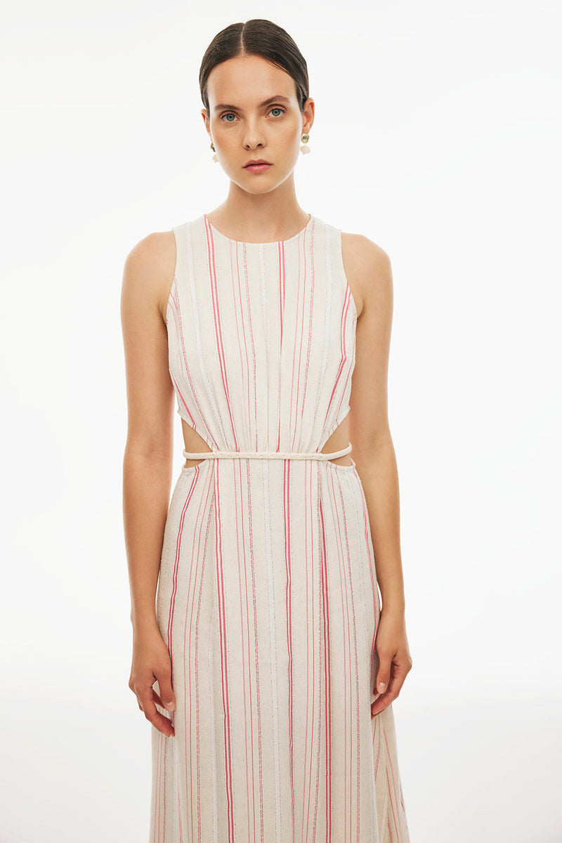 Perspective Round Neck Midi Striped Dress Beige