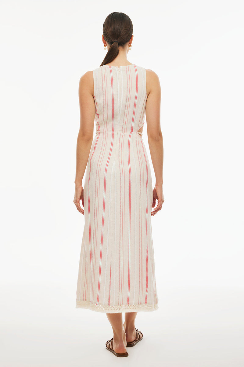 Perspective Round Neck Midi Striped Dress Beige