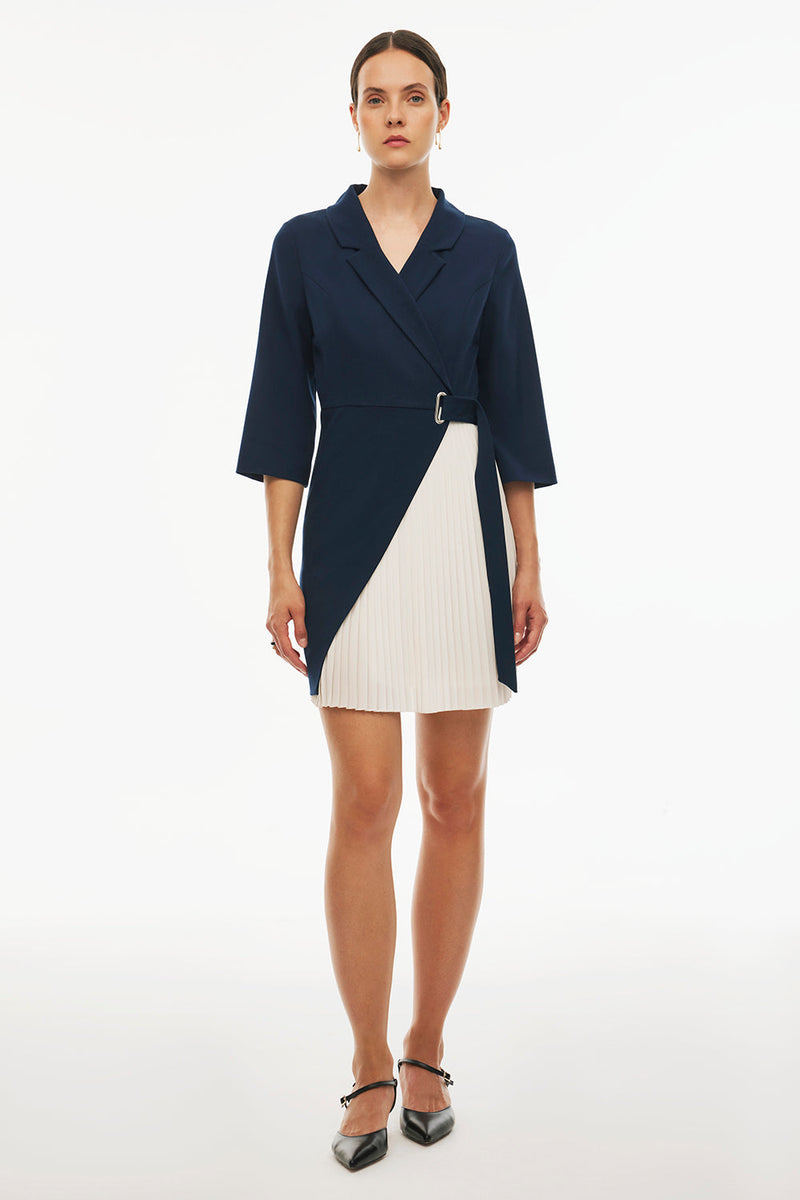 Perspective Lapel Notch Above The Knee Dress Dark Blue