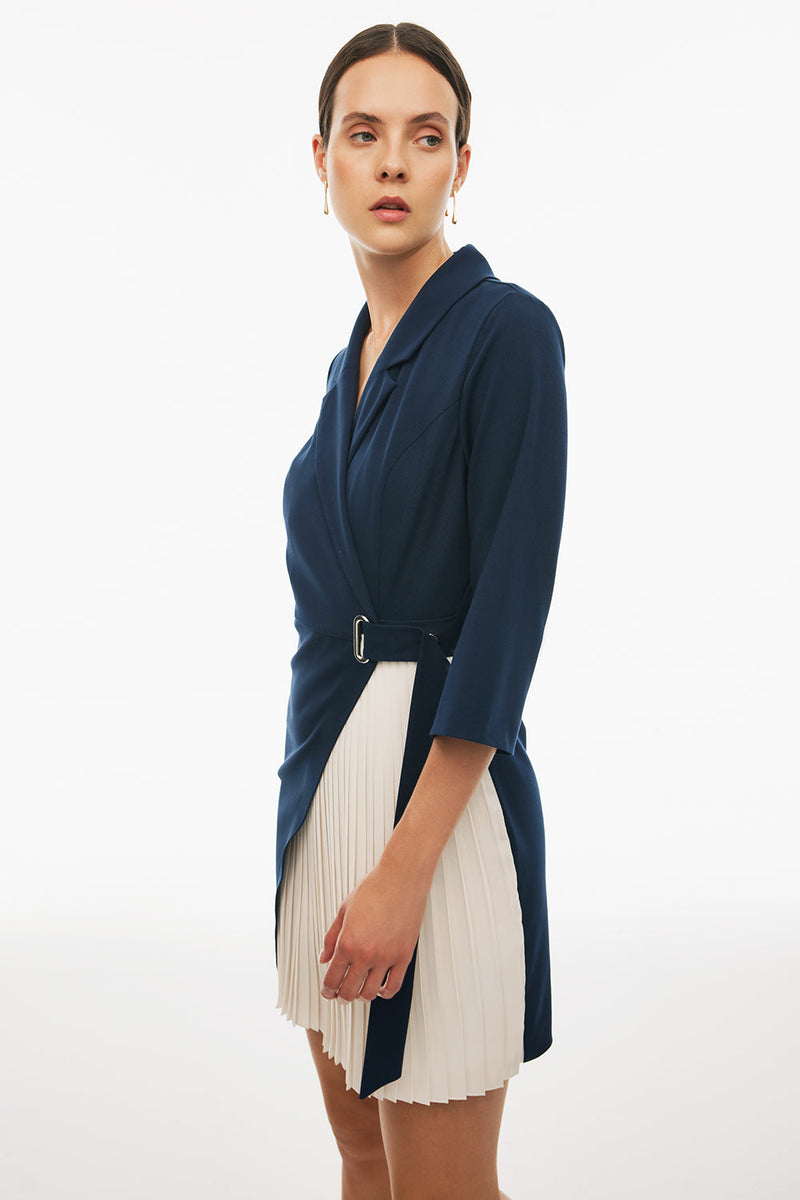 Perspective Lapel Notch Above The Knee Dress Dark Blue