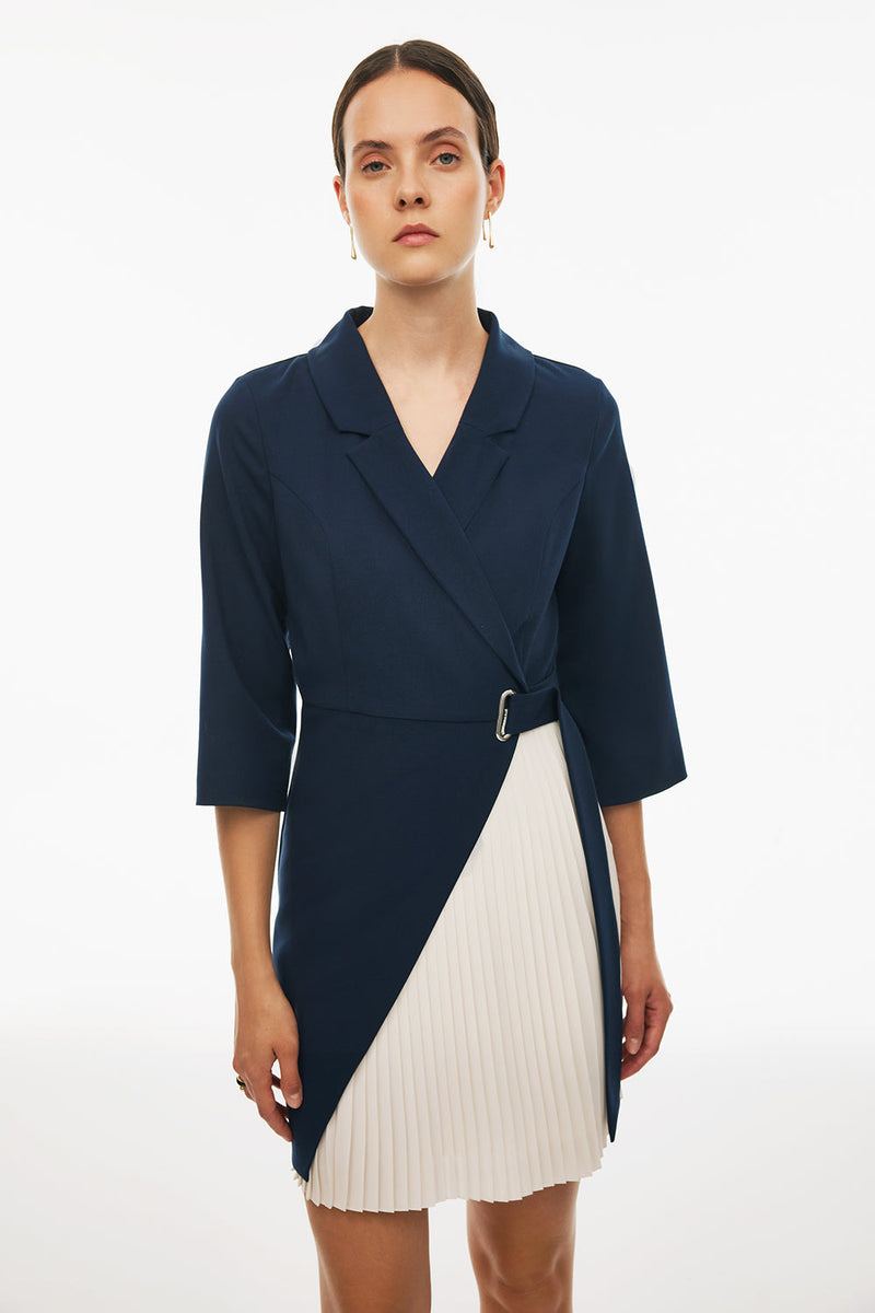 Perspective Lapel Notch Above The Knee Dress Dark Blue