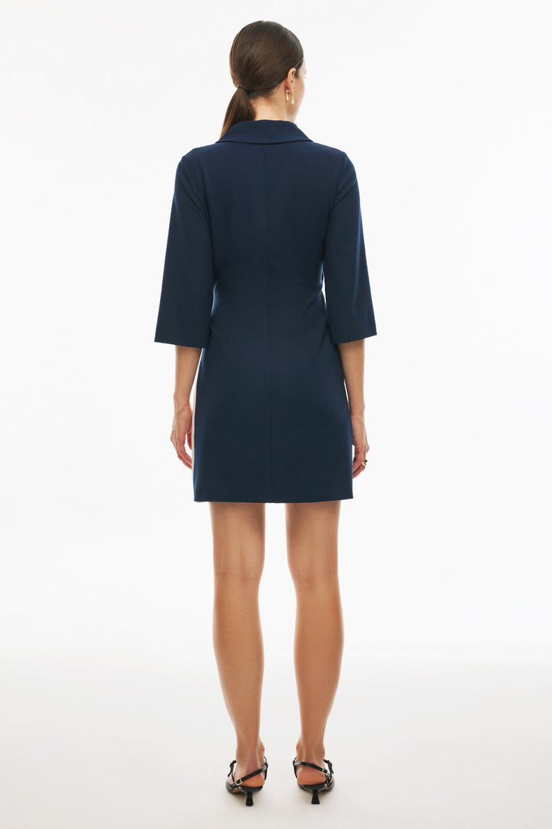 Perspective Lapel Notch Above The Knee Dress Dark Blue