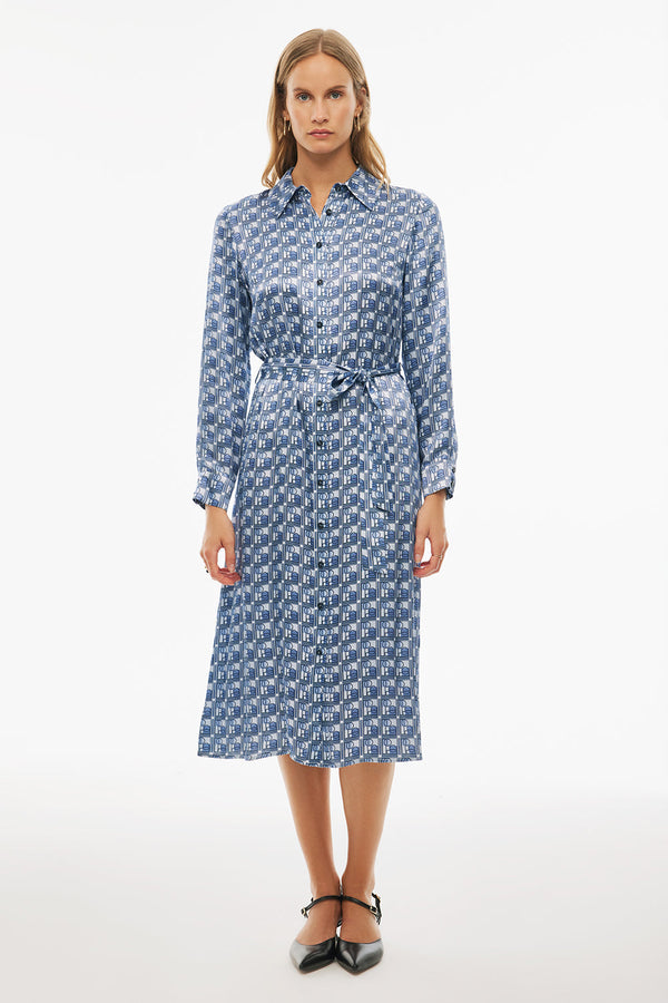 Perspective Shirt Collar Midi Dress Blue