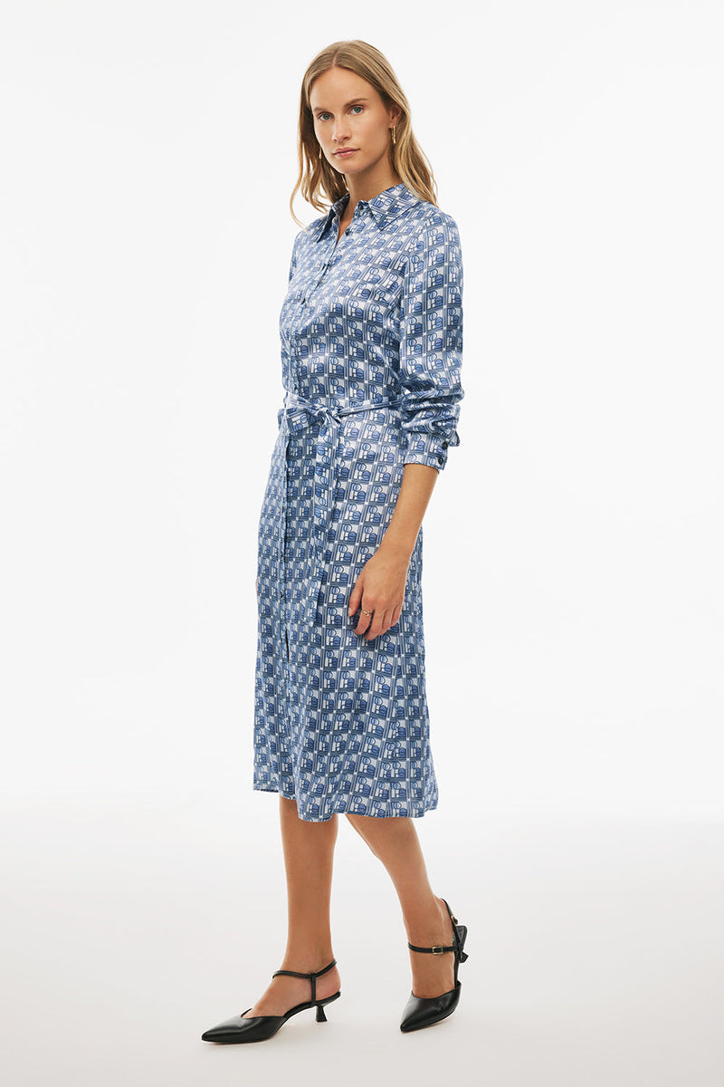 Perspective Shirt Collar Midi Dress Blue