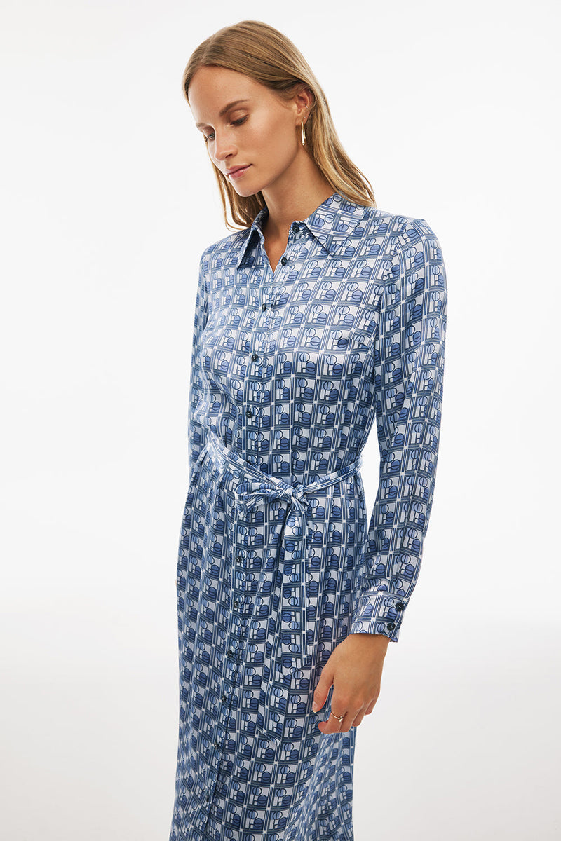 Perspective Shirt Collar Midi Dress Blue